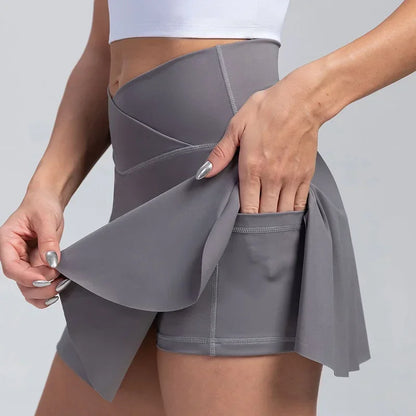 Gonna da tennis a pieghe da donna con tasche Pantaloncini Gonne sportive Crossover a vita alta Palestra Golf Skorts Allenamento Gonne sportive (Grigio)