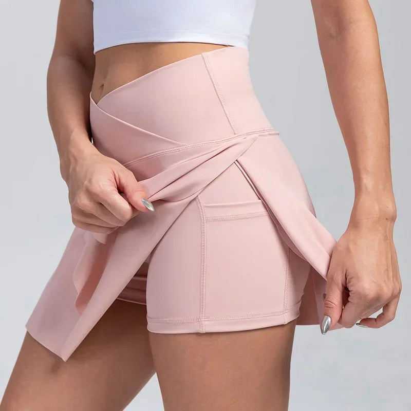 Gonna da tennis a pieghe da donna con tasche Pantaloncini Gonne sportive Crossover a vita alta Palestra Golf Skorts Allenamento Gonne sportive (Rosa)